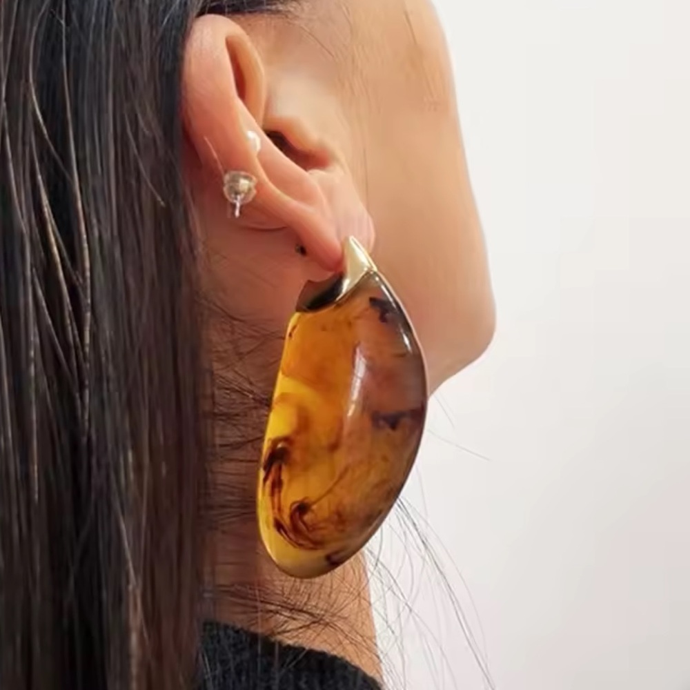 Oversized Resin Amber-Style Drop Earrings with Gold Accent